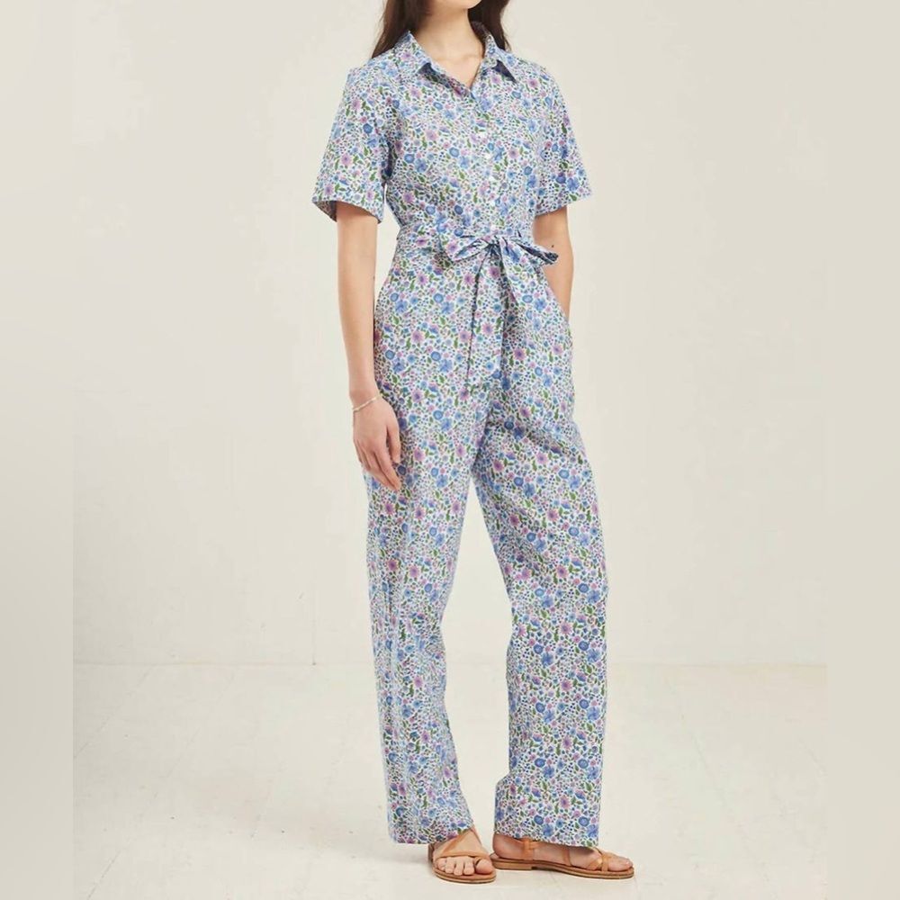 Pink City Prints Organic Cotton Flo Floral Jumpsuit In Sky Meadow,‎ Size Large